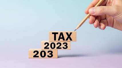 Hand holding pencil near wooden tax blocks on pastel background