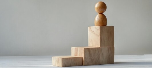 wooden blocks arranged as ascending steps with a small stacked wooden peg figure on the top step conveying achievement and calm minimalism
