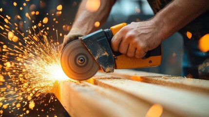 Close-up of hands operating a yellow angle grinder on wooden planks, showering bright orange sparks in a workshop with intense focused craftsmanship and energy
