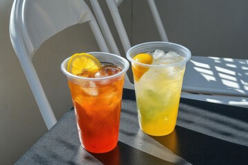 Two iced citrus drinks in clear plastic cups with ice and citrus garnishes on a black table beside white folding chairs, sunlit and refreshingly bright