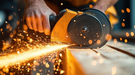 Hands gripping an angle grinder cutting metal with glowing sparks in a focused, intense workshop scene