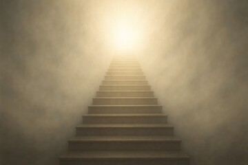 Ascending staircase leading to bright light with ethereal fog, hope and progress stairs ascent.