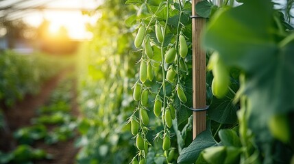 Sunlit greenhouse rows of hanging green pea pods on trellised climbing vines, lush leaves and warm golden morning light conveying freshness and tranquility