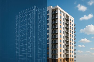 Obraz premium Modern apartment building construction blueprint to reality concept with balconies and windows.