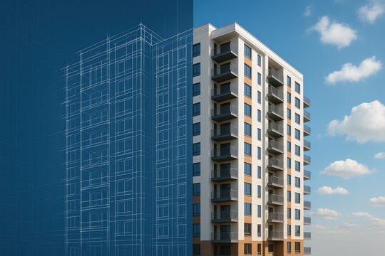 Modern apartment building construction blueprint to reality concept with balconies and windows.