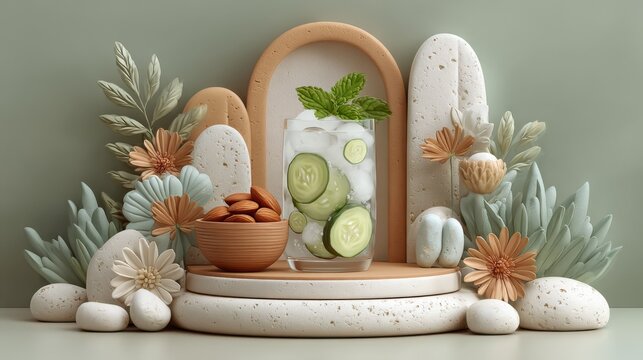Serene spa composition featuring cucumber water, almonds, and sculpted pastel plants on stone pedestals, evoking calm wellness vibes ideal for beauty, skincare, and lifestyle branding.