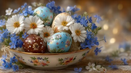 Fototapeta premium Delicate porcelain bowl brimming with ornate eggs, daisies, and blue flowers glows with soft bokeh, ideal for greeting cards, seasonal promotions, or festive social media posts.