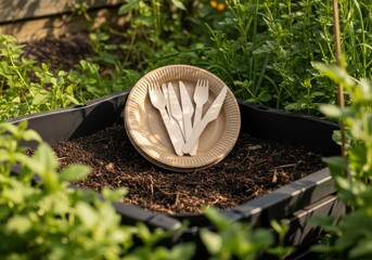 Biodegradable wooden forks and knives rest on a paper plate placed in rich garden soil surrounded by greenery, emphasizing sustainable dining and eco-friendly waste.