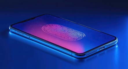 Sleek modern smartphone on glossy blue surface showing a glowing fingerprint scanner on a purple-blue gradient screen, futuristic secure and high-tech mood