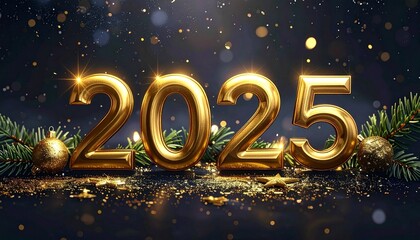 Golden Glittering 2025 Numbers on Snowy Ground with Festive Lights and Winter Decor, Symbolizing a Bright New Year Celebration and Exciting Beginnings