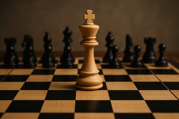 A lone light chess king stands tall against a backdrop of dark pieces, strategy board game.