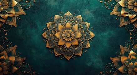 ornate golden mandala medallion with lotus floral corner ornaments on textured teal background, elegant serene meditative decorative design