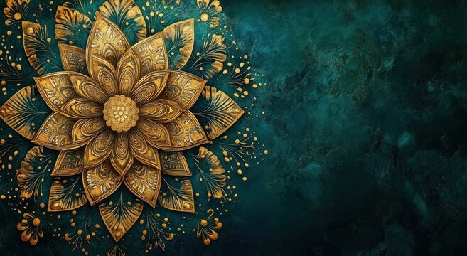 ornate layered golden floral mandala with intricate filigree and embossed petals on a rich teal textured background, evoking luxury and serene elegance