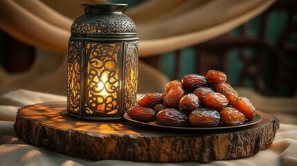 ornate metal lantern glowing beside a plate of glossy dates on a rustic wooden slab with soft draped fabric and a warm cozy evening ambiance