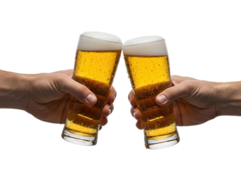 Two strong, tanned caucasian male hands, mid-30s, clinking immaculate chilled pilsner glasses of golden lager, frothy head, condensation, against transparent studio. Concept for beverage advertising