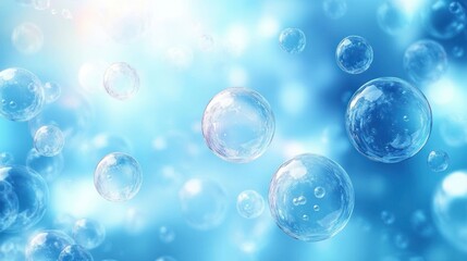 translucent floating soap bubbles against a soft blue bokeh background, dreamy serene and playful atmosphere