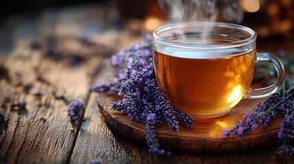Steaming glass cup of amber tea on a wooden slice coaster surrounded by fresh lavender sprigs on a rustic table, evoking warm cozy relaxation