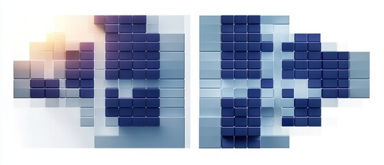 two split panels of 3d blue and navy modular cubes arranged in an orderly grid on a white background with soft warm light, calm analytical futuristic mood