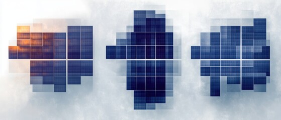 three floating clusters of blue grid panels with translucent layered tiles and a warm orange glow on the left, minimalistic futuristic composition conveying a calm, contemplative mood