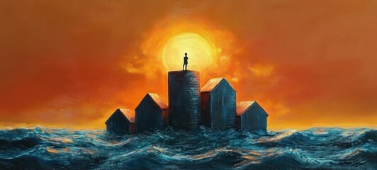 lone silhouette standing atop a tower among flooded houses and roaring ocean waves beneath a giant glowing sun and orange sky, evoking solitude and resilient hope