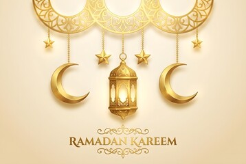 Ramadan Kareem Greeting Background with 3D Golden Lantern, Crescent Moons, and Hanging Stars