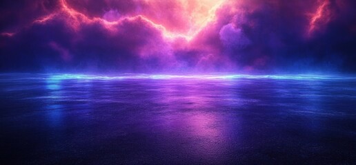 Ethereal purple and blue seascape with glowing fiery clouds over a reflective water surface, tranquil yet dramatic and otherworldly mood