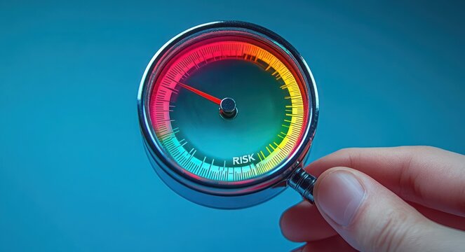 Close-up of hand holding a shiny round gauge labeled risk with colorful gradient dial and needle pointing to red zone, conveying urgency, caution and tension