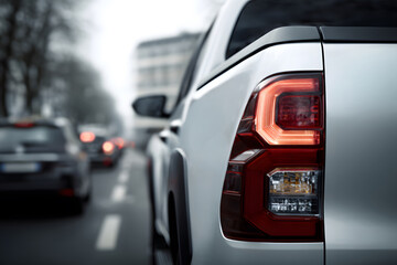 Fototapeta premium Close up view of white pickup truck rear light and taillight on road during daytime, with cars moving in blurred background, created to illustrate driving safety, traffic awareness, automotive design