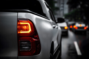 Close up view of white pickup truck rear light and taillight on road during daytime, with cars moving in blurred background, created to illustrate driving safety, traffic awareness, automotive design