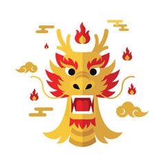 Golden Dragon Head Surrounded by Flames and Clouds - Traditional Asian Symbol of Power and Luck