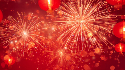 Obraz premium Radiant Fireworks and Lanterns: The sky bursts into a vibrant spectacle of radiant fireworks, interwoven with the soft glow of traditional lanterns, creating a celebratory atmosphere. 