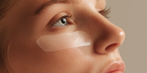 Close-up of transparent acne patch applied to skin on minimal background. Skincare treatment, pimple cover, blemish solution, discreet healing, clear patch.