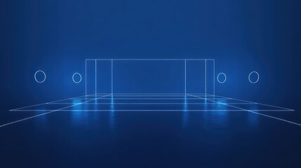 minimal futuristic blue wireframe stage with glowing circular outlines, reflective grid floor and luminous perspective lines evoking a calm mysterious high-tech atmosphere