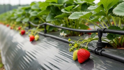 High-angle shot of a strawberry plant row featuring a bright red berry and green unripe ones attached to an automated irrigation pipe