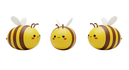 Three cute cartoon bees isolated on transparent background