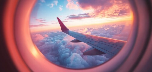 view from airplane window of wing above cottony clouds at colorful sunrise with warm glowing sky and peaceful dreamy atmosphere