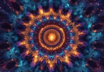 radiant cosmic mandala with glowing starburst center and fiery orange and teal fractal petals, intricate symmetrical kaleidoscope pattern evoking awe and wonder