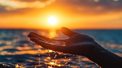 silhouette of a wet hand cupping dripping water against a golden ocean sunset, calm and contemplative mood