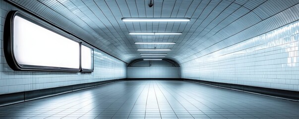 Empty curved underground tiled corridor with fluorescent lights, blank illuminated advertising panels and glossy reflective floor, sterile and futuristic atmosphere