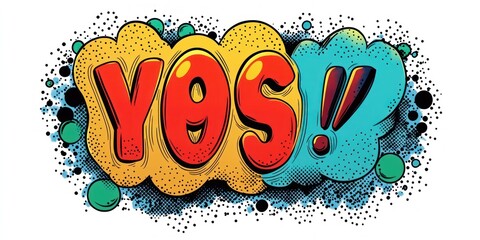 colorful comic style pop art word yos with exclamation in yellow and teal cloud shapes, bold red letters, halftone dots and ink splatter, energetic celebratory mood
