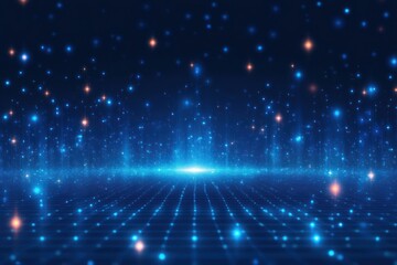 Glowing blue grid floor with shimmering star-like particles and vertical light beams converging at a luminous horizon, evoking futuristic awe and serene mystery