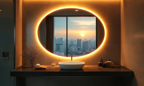 Modern bathroom vanity with oval backlit mirror framing city skyline at sunset, vessel sink and faucet, folded towel and vase of dried branches, warm serene glow - Powered by Adobe