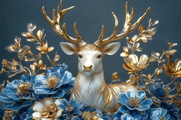 White deer with gleaming gold antlers and metallic accents amid blue and gold ornate flowers and foliage, serene and majestic decorative scene