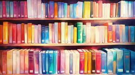 three wooden shelves filled with colorful books in neat rows, vibrant pastel spines creating a warm, cozy and inviting reading atmosphere