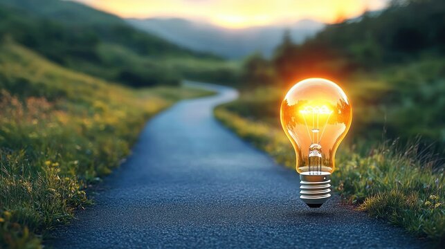 Glowing light bulb floating above a winding country road at sunset through grassy hills, peaceful and inspirational mood - Powered by Adobe