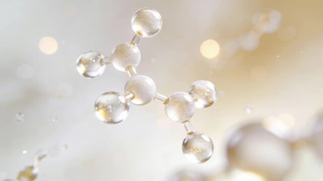 Premium biotech illustration of lactic acid molecule representing gentle AHA exfoliation in clean beauty skincare, golden transparent spheres and minimal aesthetic