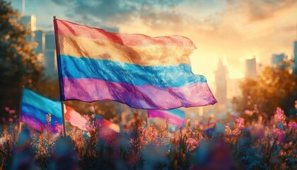 Pansexual pride flags waving over a sunlit field of wildflowers with a glowing city skyline at sunset, evoking hope, unity and peaceful celebration