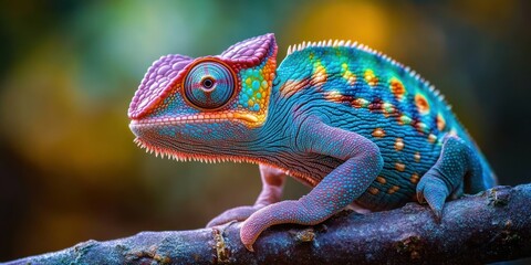 Vibrant turquoise and orange chameleon perched on a branch, detailed textured scales and large expressive eye conveying curiosity and alertness against a soft blurred background