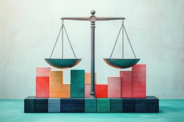 Metal balance scale with two empty pans standing on multicolored stacked blocks and a tiled platform against a pale textured wall, evoking calm equilibrium