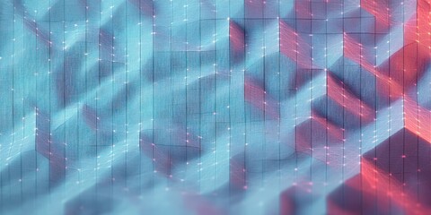 flowing three-dimensional mesh landscape of hexagonal peaks with glowing network nodes and connecting lines in cool blue and warm pink lighting, serene futuristic mood